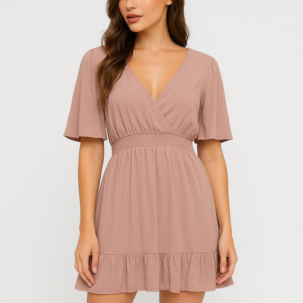 Wiser (NWT) Women's Pink Short Sleeve Smocked Waist Ruffle Hem Dress Size S